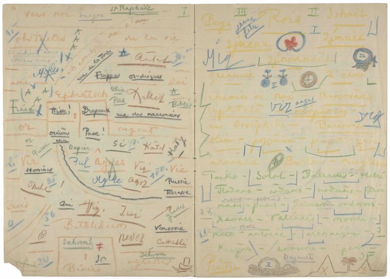 Schischkoff, sans titre, Décembre 1938, Mine de plomb et crayons de couleur sur papier (cahier), 29,7 x 21,1 x 0,8 cm© ProLitteris, Zurich / Collection de l’Art Brut, LausannePhoto : Claudina Garcia, Atelier de numérisation – Ville de Lausanne