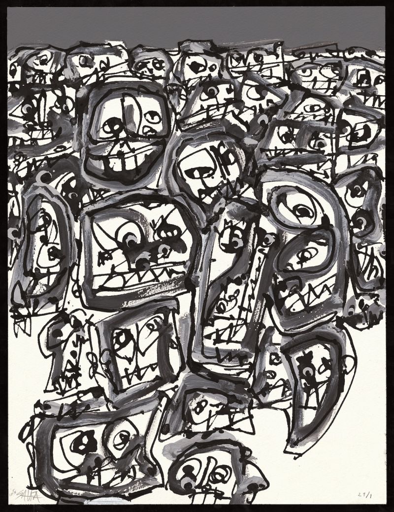 « Miles de manifestantes remachan la huelga general en la Puerta del Sol », gouache, encre de Chine et mine de plomb sur papier, El País, janvier 1994 © Succession Antonio Saura