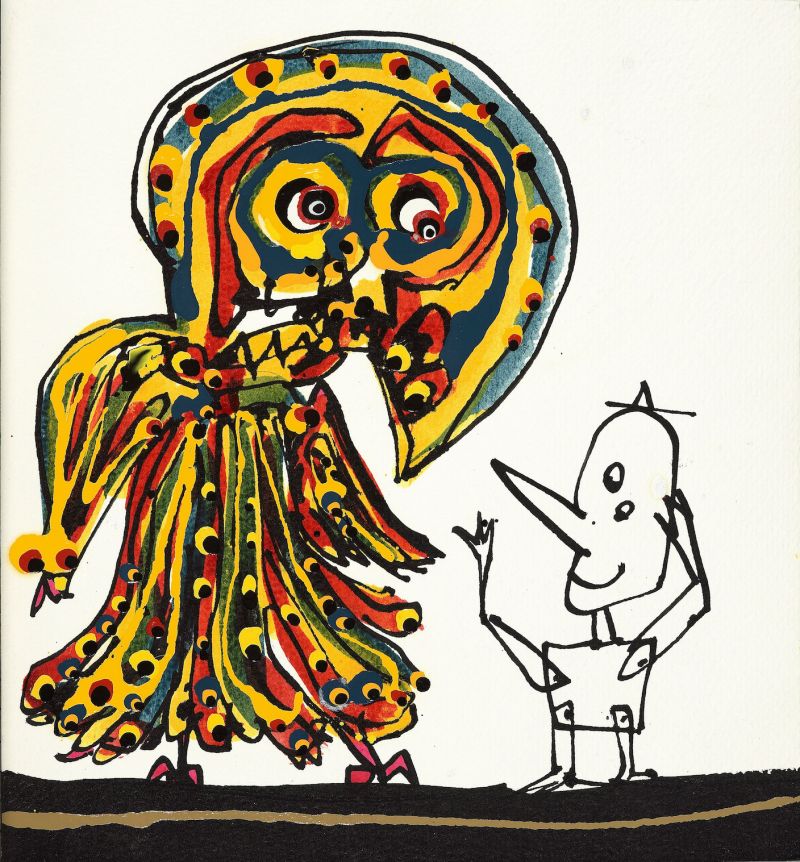 Illustration pour Las aventuras de Pinocho de Carlo Collodi contadas de nuevo por Christine Nöstlinger, peinture laque, gouache et encre de Chine sur papier, Barcelone, 1994 © Succession Antonio Saura