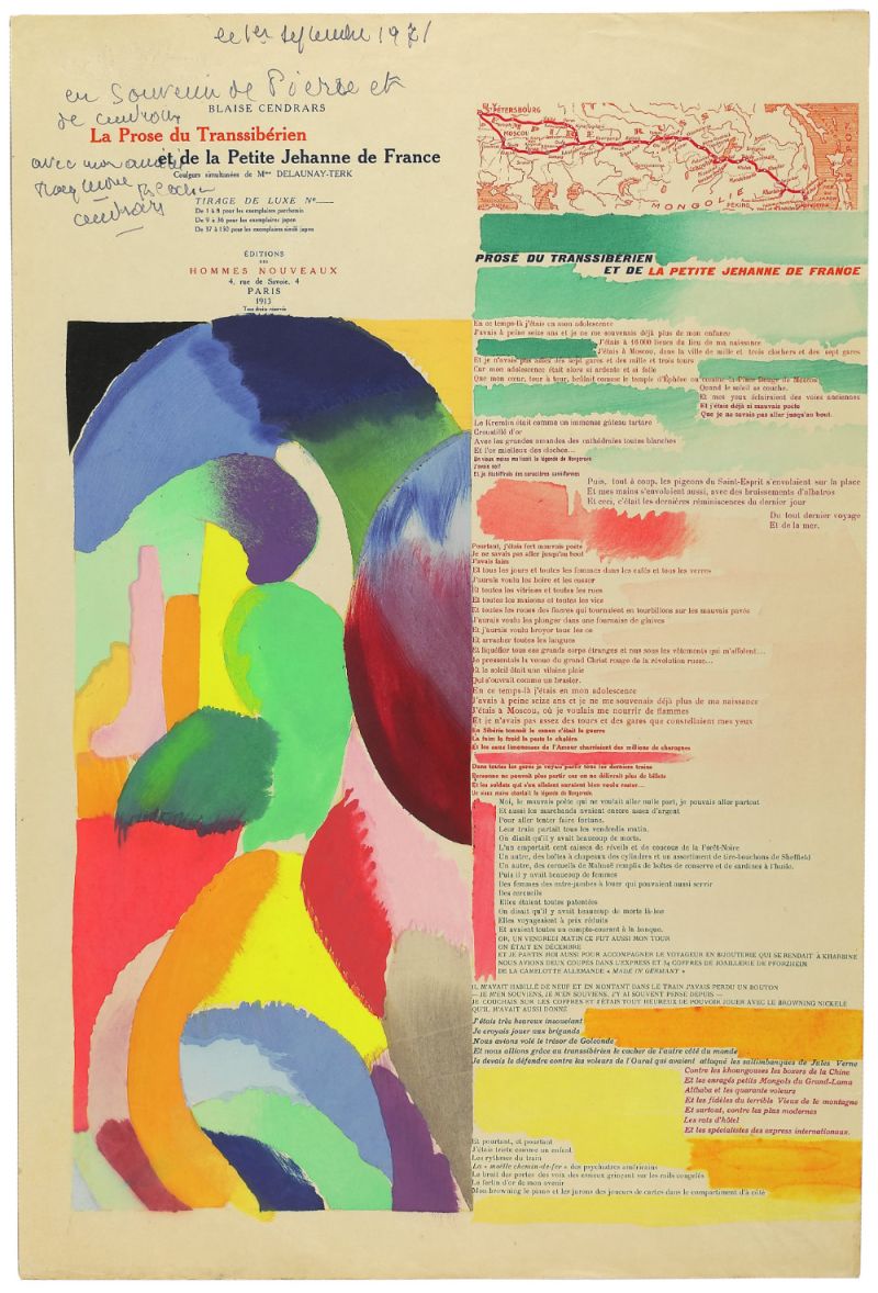 Prose du Transsibérien et de la petite Jehanne de France, signé « Blaise Cendrars » et « Sonia Delaunay-Terk », Editions des Hommes nouveaux, Paris, 1913 © Pracusa / Miriam Cendrars / Source : Simon Schmid, Bibliothèque nationale suisse