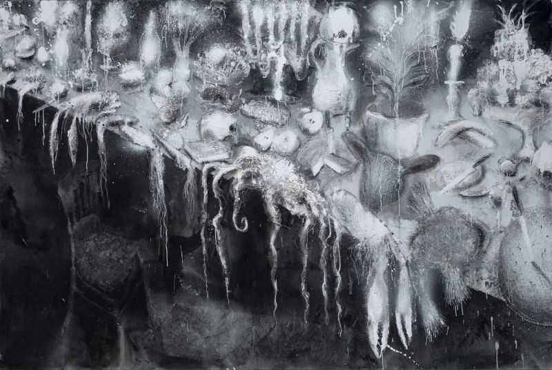 Miquel Barceló, Banquet avec Poe, 2022Vinyl, pigments, ink, and charcoal on canvas220 x 330 cm© Miquel BarcelóPhoto : David Bonet