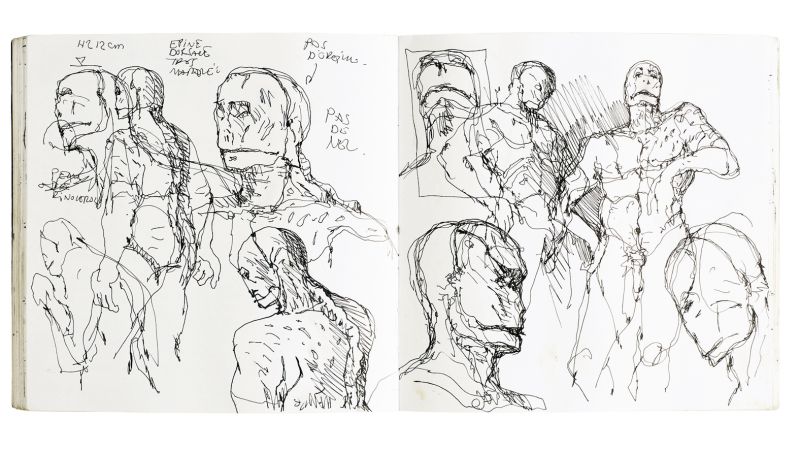 Étude d’après Frankenstein de Mary Shelley, 2010-2011, stylo Rotring à l’encre noire sur une double page d’un carnet de croquis © Carinne et Numa Bertola